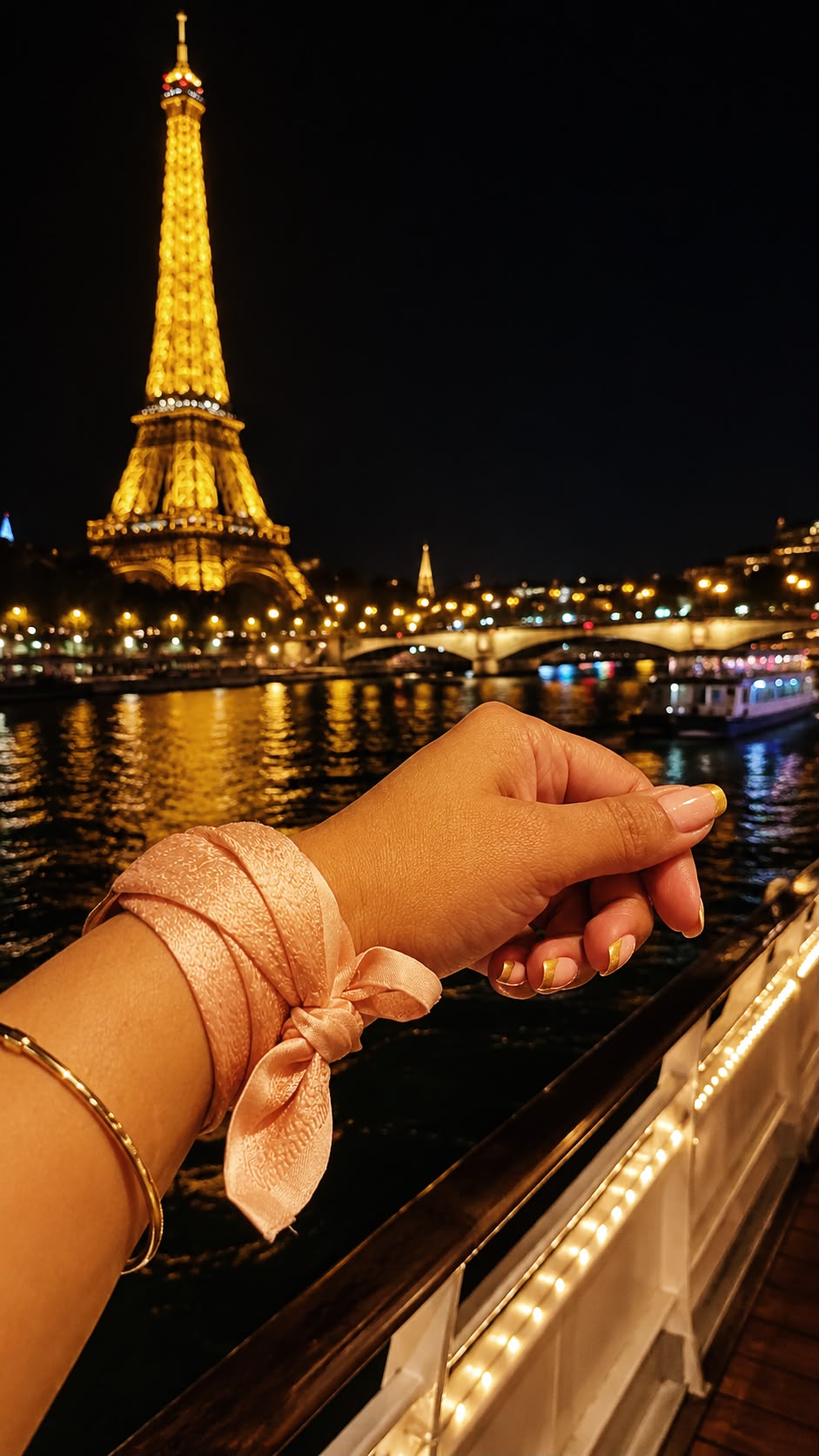 Carré en soie rose poudré Tohora noué en bracelet au poignet devant la Tour Eiffel de nuit à Paris